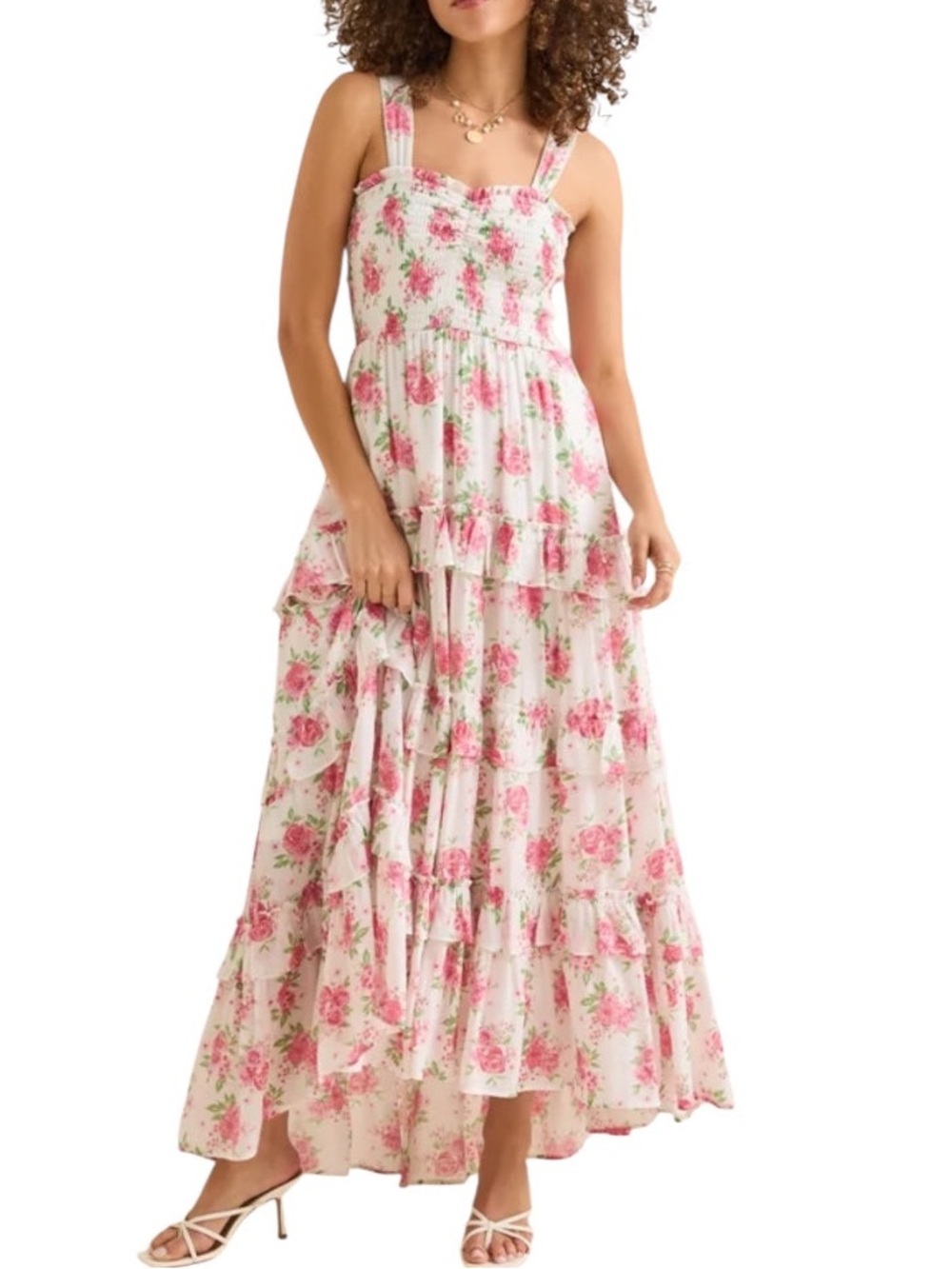 ARULA KENZARA Floral Tiered Pink White floral Maxi Dress -Smocked Bodice
